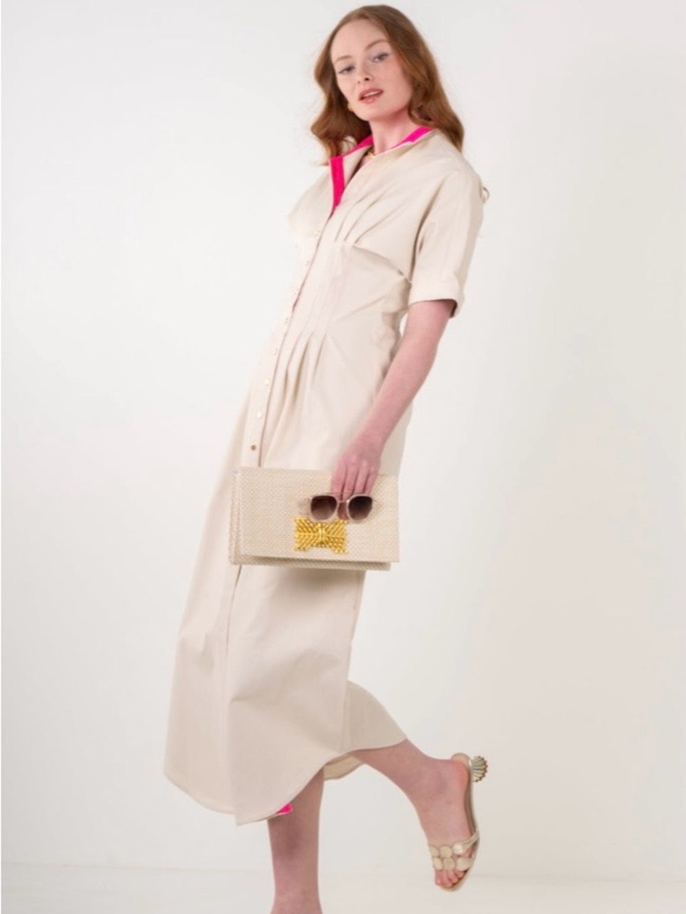 Emily McCarthy Georgia dress Cream Maxi Shirt Dress with Hot Pink Trim NWT XXL